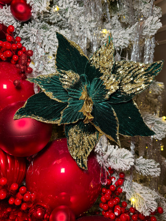Emerald Green and Gold Velvet Poinsettia Christmas Flower Stem Spray 13'' Set of 3