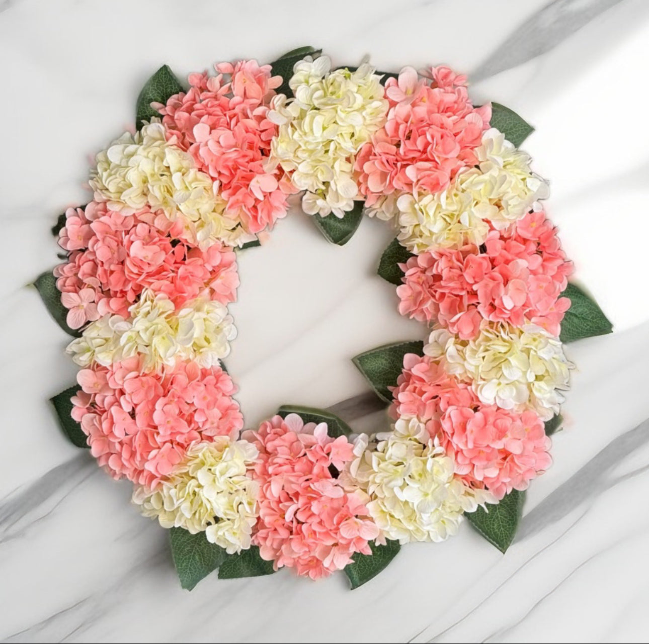 Capri Peach Pink Cream White Hydrangea Wreath, 21 In All Season UV Resistant Spring Wreath