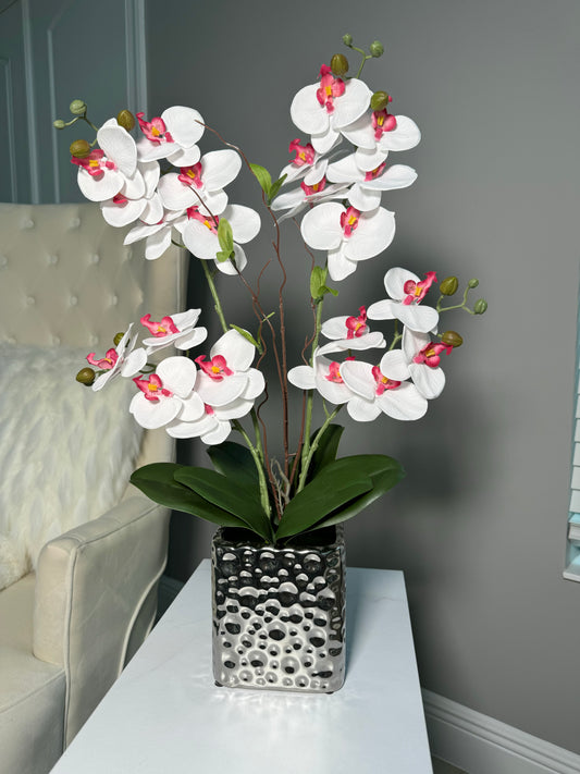 White Pink Silk Phalaenopsis Orchid Arrangement in Silver Hammered Vase
