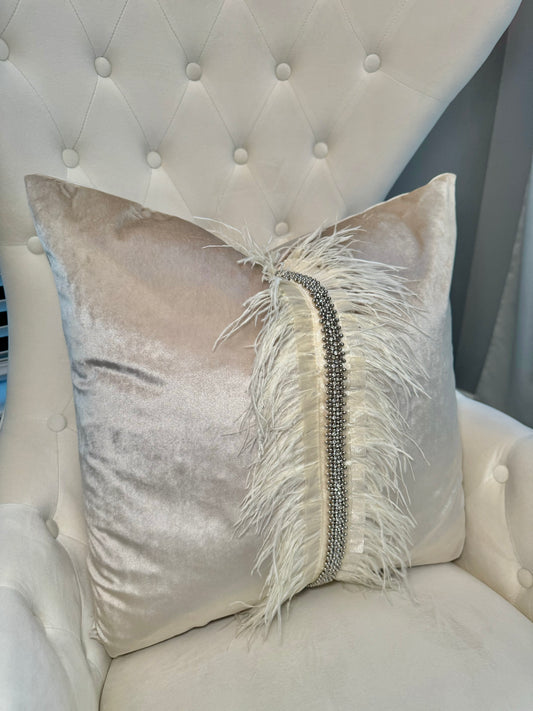 Ava Beige Velvet Pillow with Ostrich Feathers and Rhinestones 22"