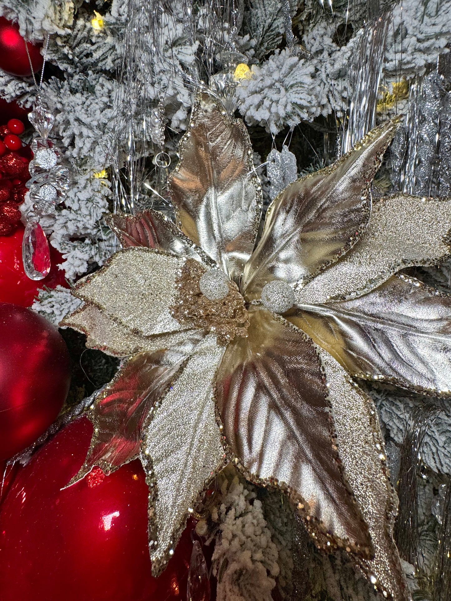 Christmas Flower Metallic Champagne Frosted Beads Poinsettia Stem Spray 12'' Set of 3