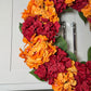 Capri Fall Autumn Hydrangea Wreath Orange Burgundy Red Artificial Flowers 23'' Halloween Seasonal Decor