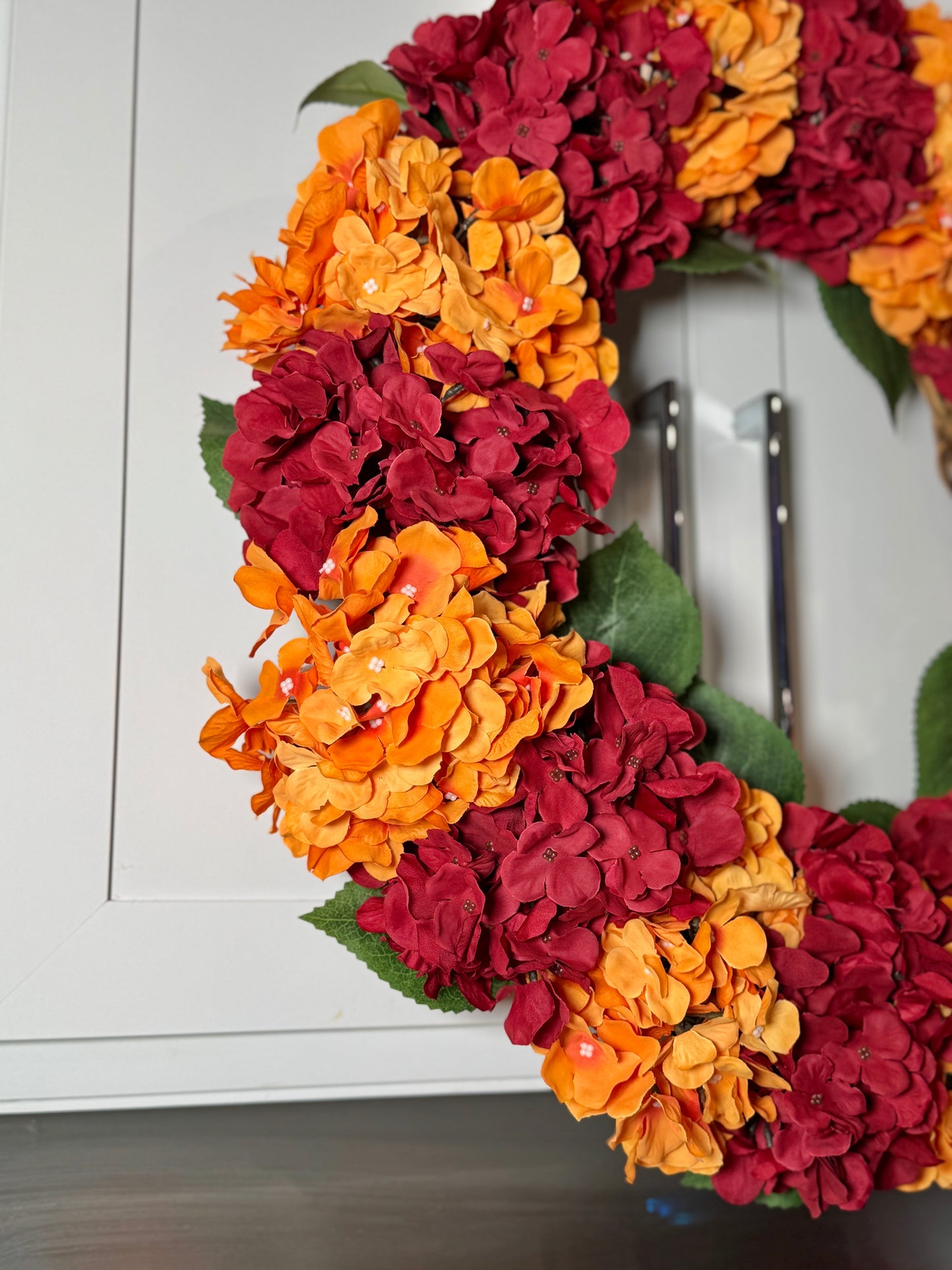 Capri Fall Autumn Hydrangea Wreath Orange Burgundy Red Artificial Flowers 23'' Halloween Seasonal Decor