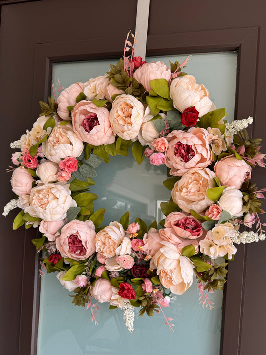 Zoey Blush Burgundy Silk Peony Flower Wreath  23" All Season Indoor Outdoor