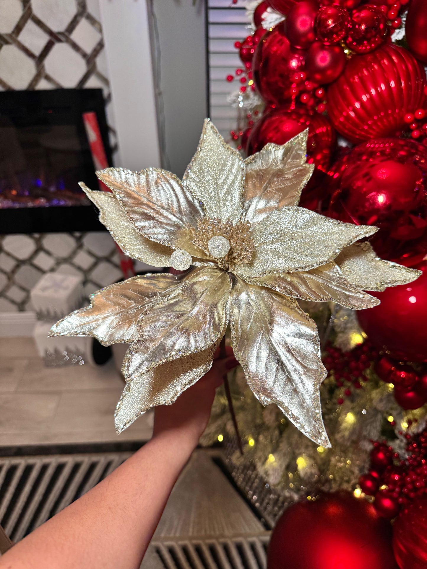 Christmas Flower Metallic Champagne Frosted Beads Poinsettia Stem Spray 12'' Set of 3