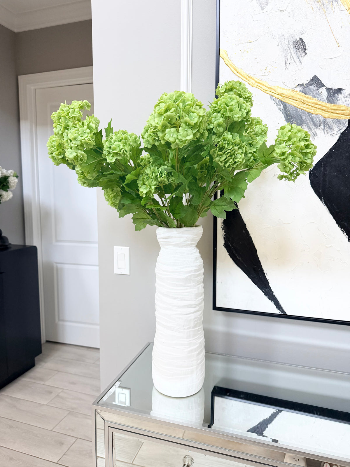 Evie Faux Green Hydrangea Spray, 30” Green Artificial Flower Stems Set of 3 Realistic Silk Floral Decor