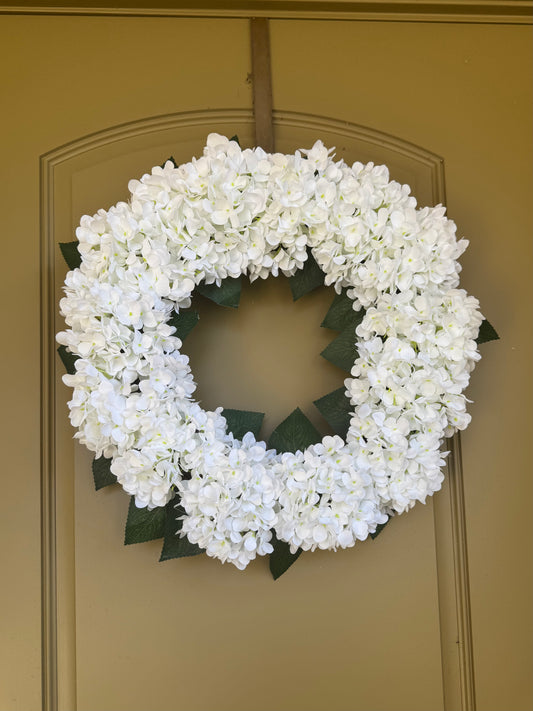 Capri White Faux Hydrangea Flower Wreath  21" - Handcrafted, Uv Resistant, All-Season, Indoor/Outdoor Decor, Perfect For Home, Wedding, Event