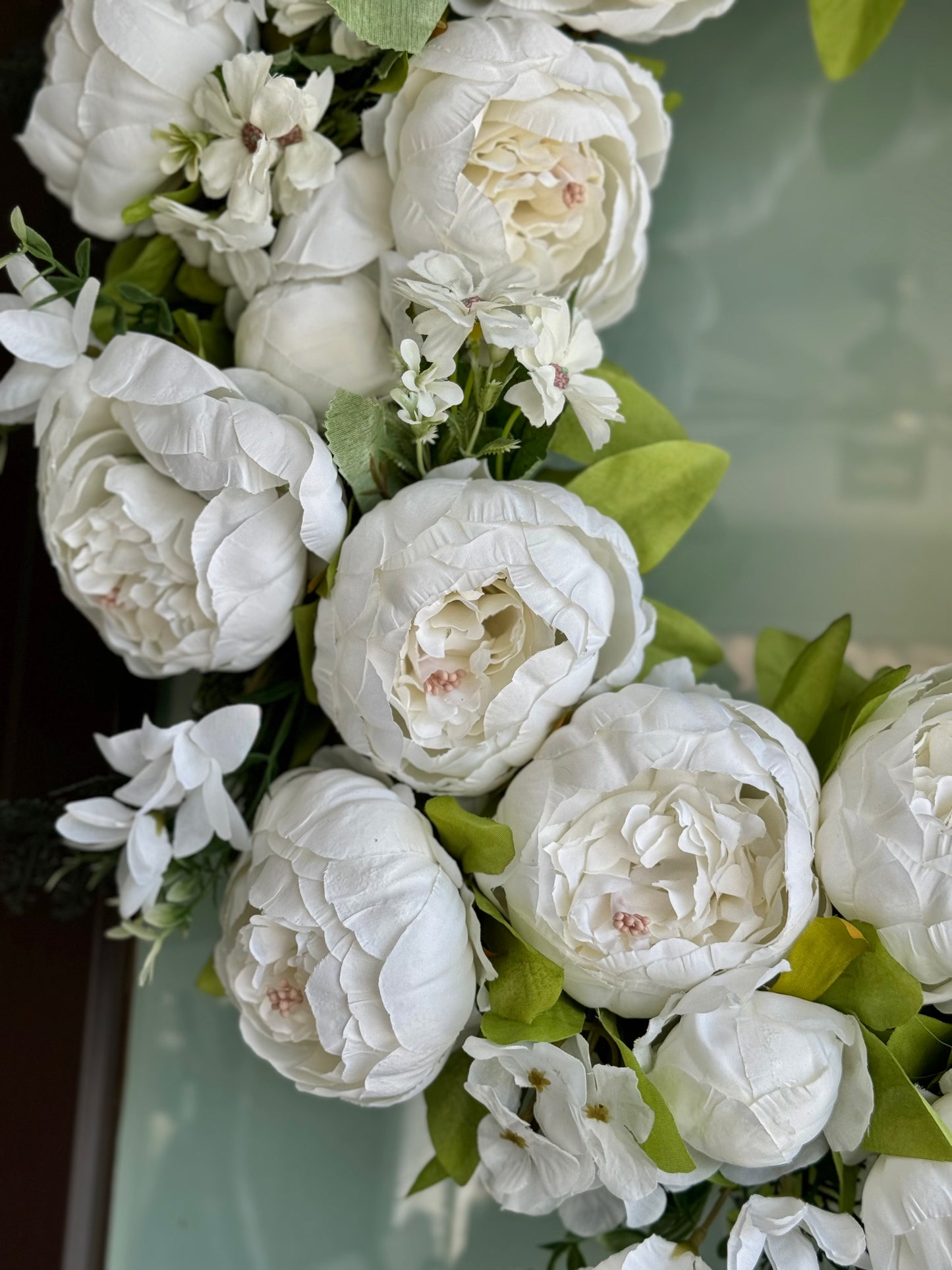 Zoey White Green Faux Peony Flower Wreath  23" All Season Indoor Outdoor