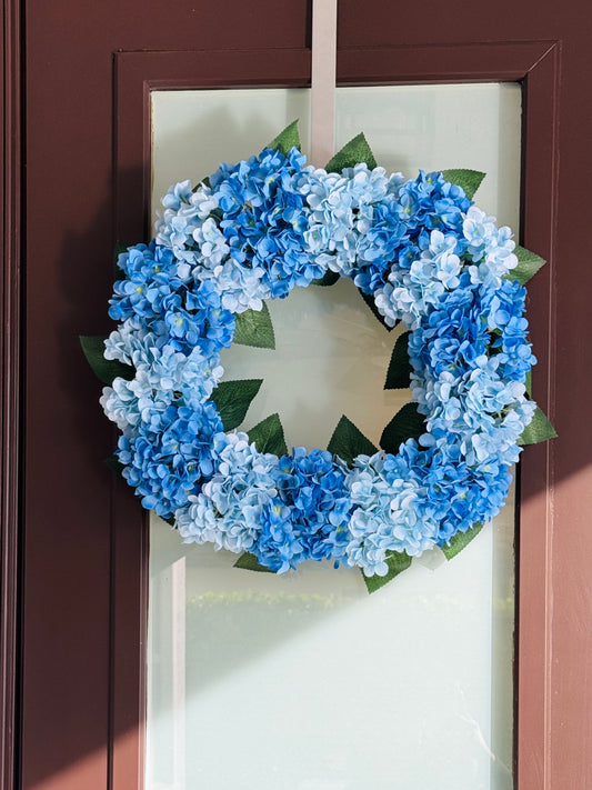 Capri Luxury Mixed Blue Silk Large Hydrangea Wreath, 21 In Indoor outdoor use