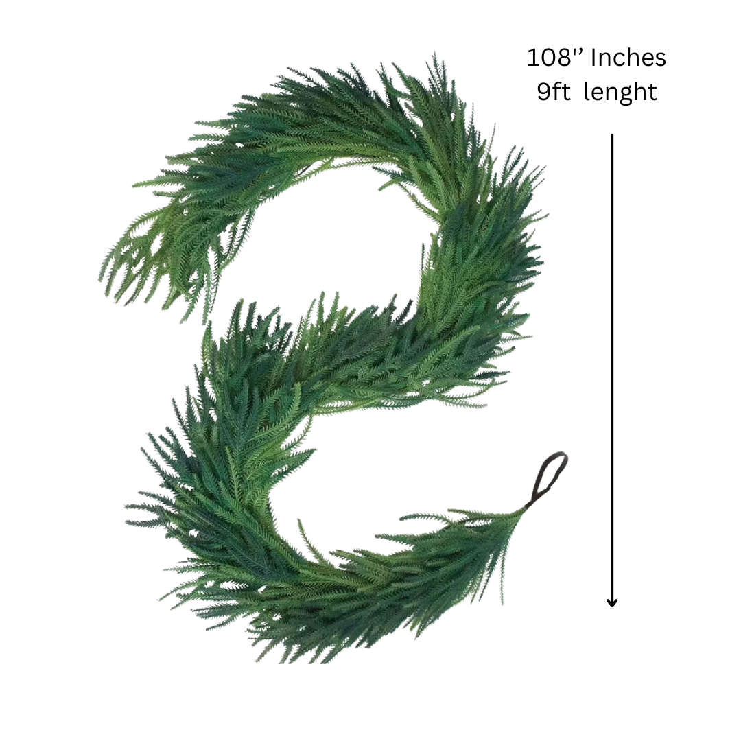 9 foot Norfolk Pine garland

realistic artificial greenery garland

faux Norfolk Pine garland

Christmas garland for staircase

garland for stair railing

fireplace mantel garland Christmas

full Christmas garland no bare spots

soft touch PE garland

pre-lit vs non-lit garland

reusable Christmas garland