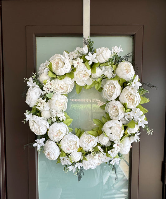 Zoey White Green Faux Peony Flower Wreath  23" All Season Indoor Outdoor