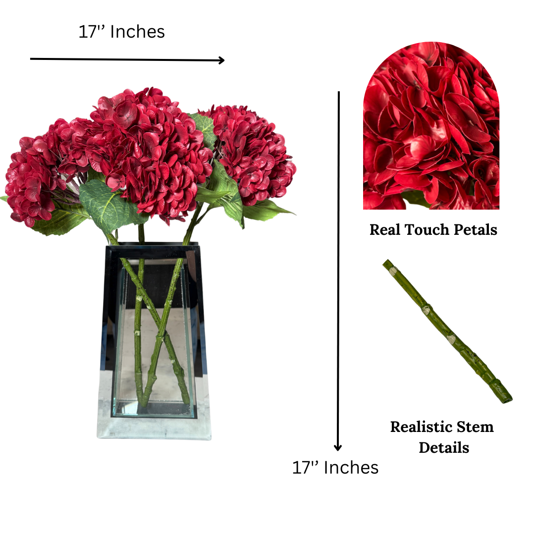 Ariane Real Touch Hydrangea Red Burgundy Artificial Flower Stems Set of 3