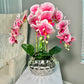 Giulia Real Touch Pink White Orchid Arrangement in Beveled Silver Vase