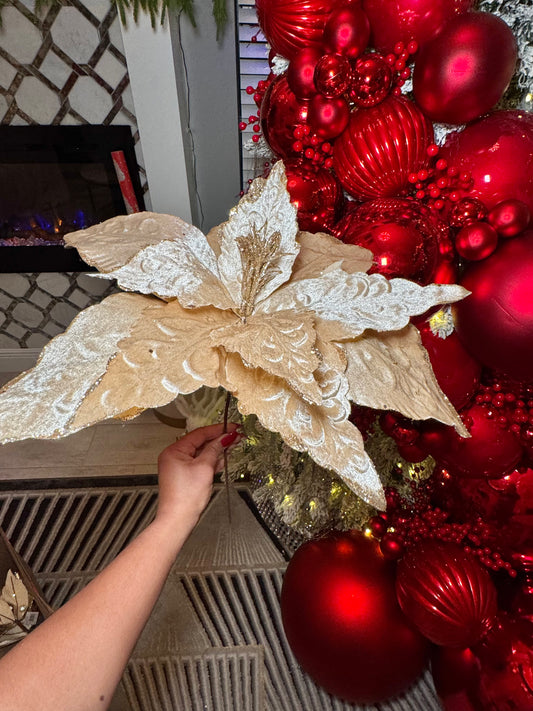 Extra Large Champagne Velvet Glittered Poinsettia Christmas Flower Set of 3
