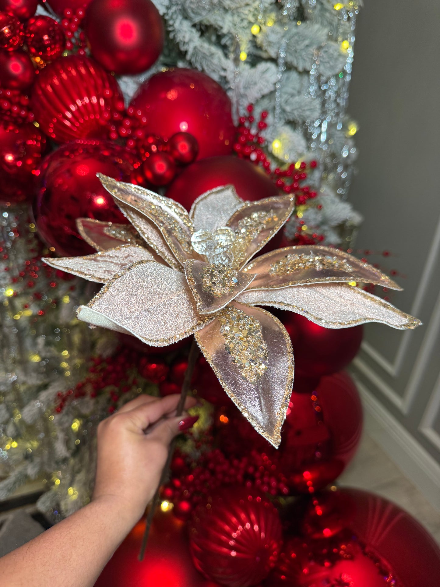 Elegant Rose Gold  Poinsettia with Crystals and Glitter 12'' Set of 2