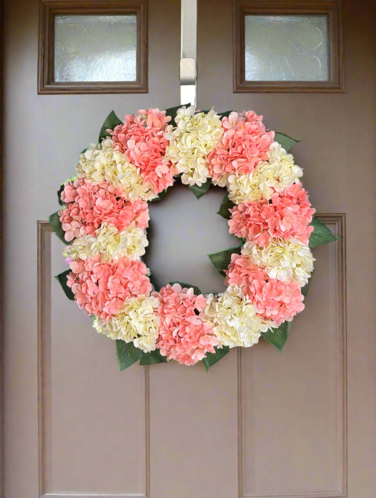 Capri Peach Pink Cream White Hydrangea Wreath, 21 In All Season UV Resistant Spring Wreath