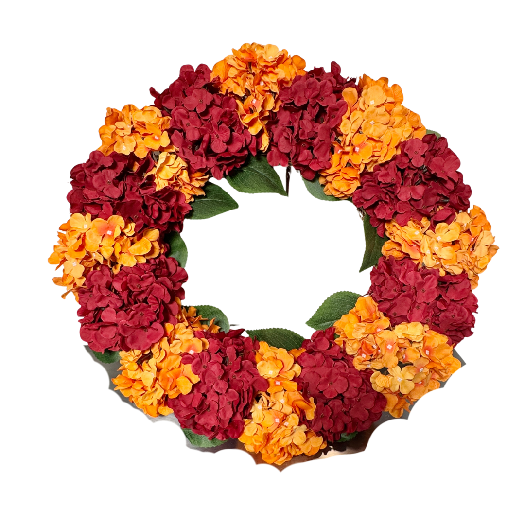 Capri Fall Autumn Hydrangea Wreath Orange Burgundy Red Artificial Flowers 23'' Halloween Seasonal Decor