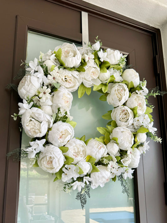Zoey White Green Faux Peony Flower Wreath  23" All Season Indoor Outdoor