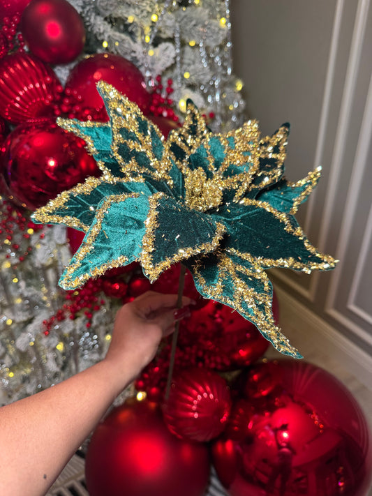 Green and Gold Glittered Poinsettia Christmas Flower Stem Spray 13'' Set of 3