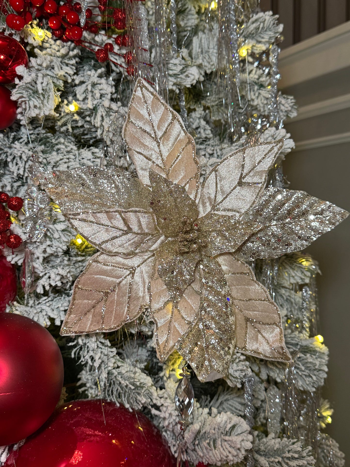 Champagne Glittered Poinsettia Christmas Flower Stem Spray 13'' Set of 3
