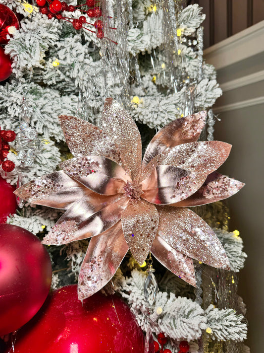 Rose Gold Metallic Poinsettia Flower Stem beaded with Sequins Set of 2