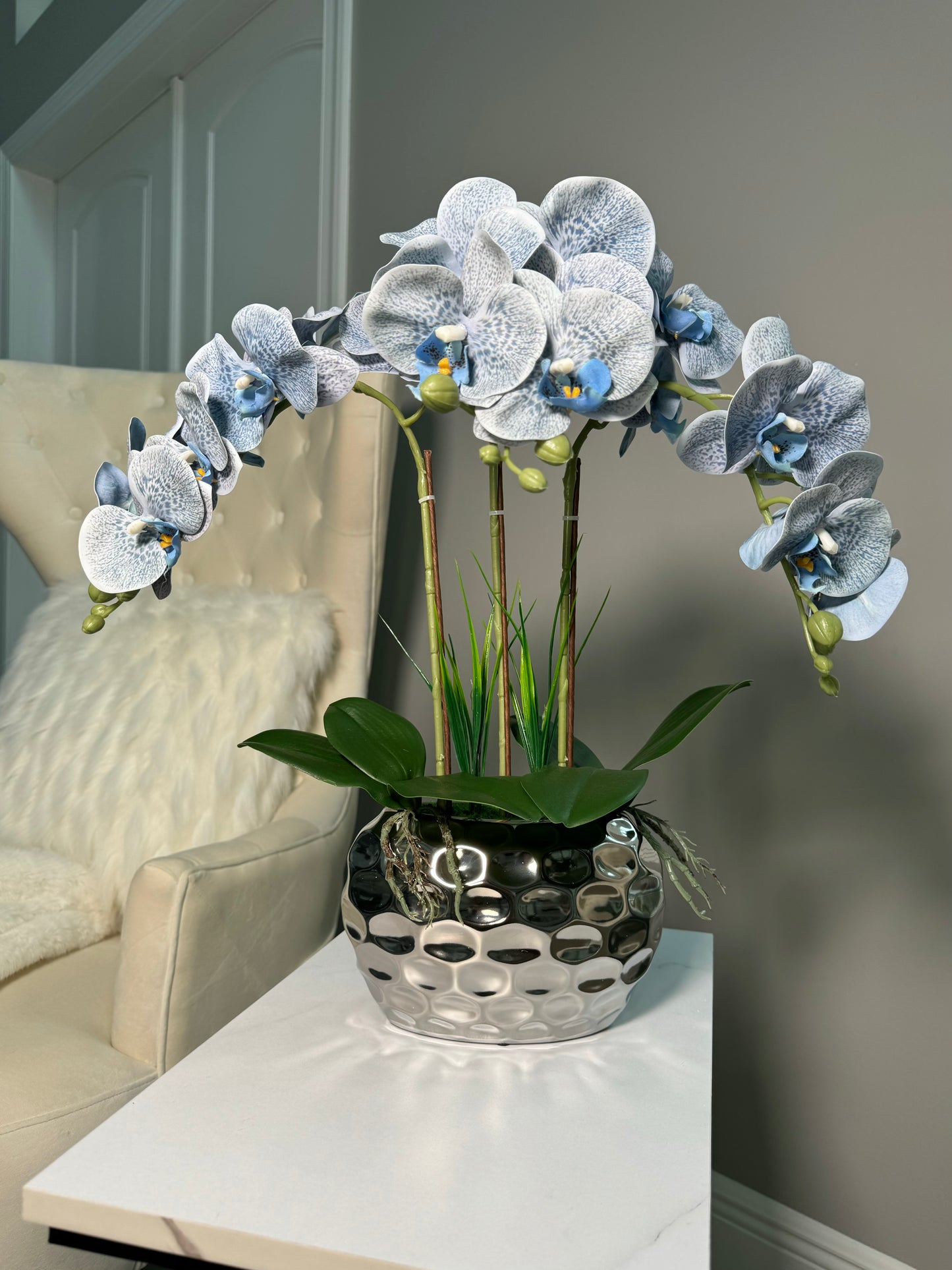 Giulia Real Touch Blue Orchid Arrangement in Beveled Silver Vase