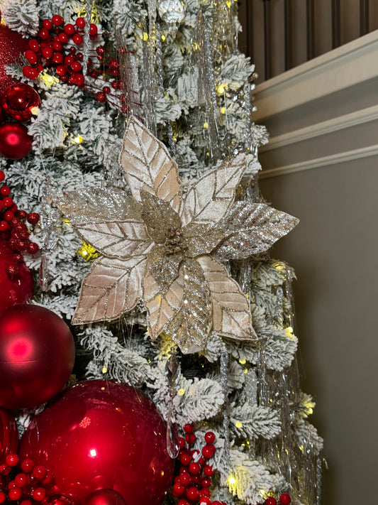 Champagne Glittered Poinsettia Christmas Flower Stem Spray 13'' Set of 3