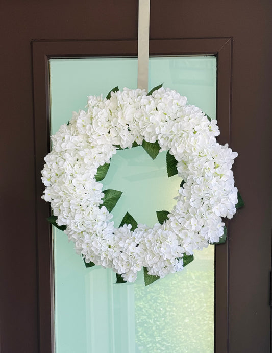 Capri White Faux Hydrangea Flower Wreath  21" - Handcrafted, Uv Resistant, All-Season, Indoor/Outdoor Decor, Perfect For Home, Wedding, Event