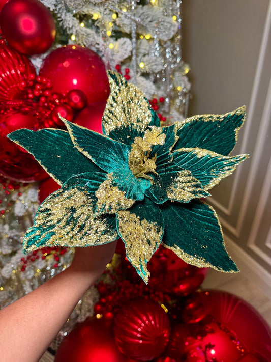 Emerald Green and Gold Velvet Poinsettia Christmas Flower Stem Spray 13'' Set of 3