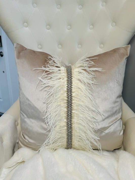 Ava Beige Velvet Pillow with Ostrich Feathers and Rhinestones 22"