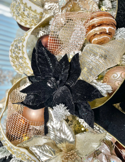 Elegant Black Velvet Glitter Poinsettia Flower 14'' set of 3 Christmas Flower