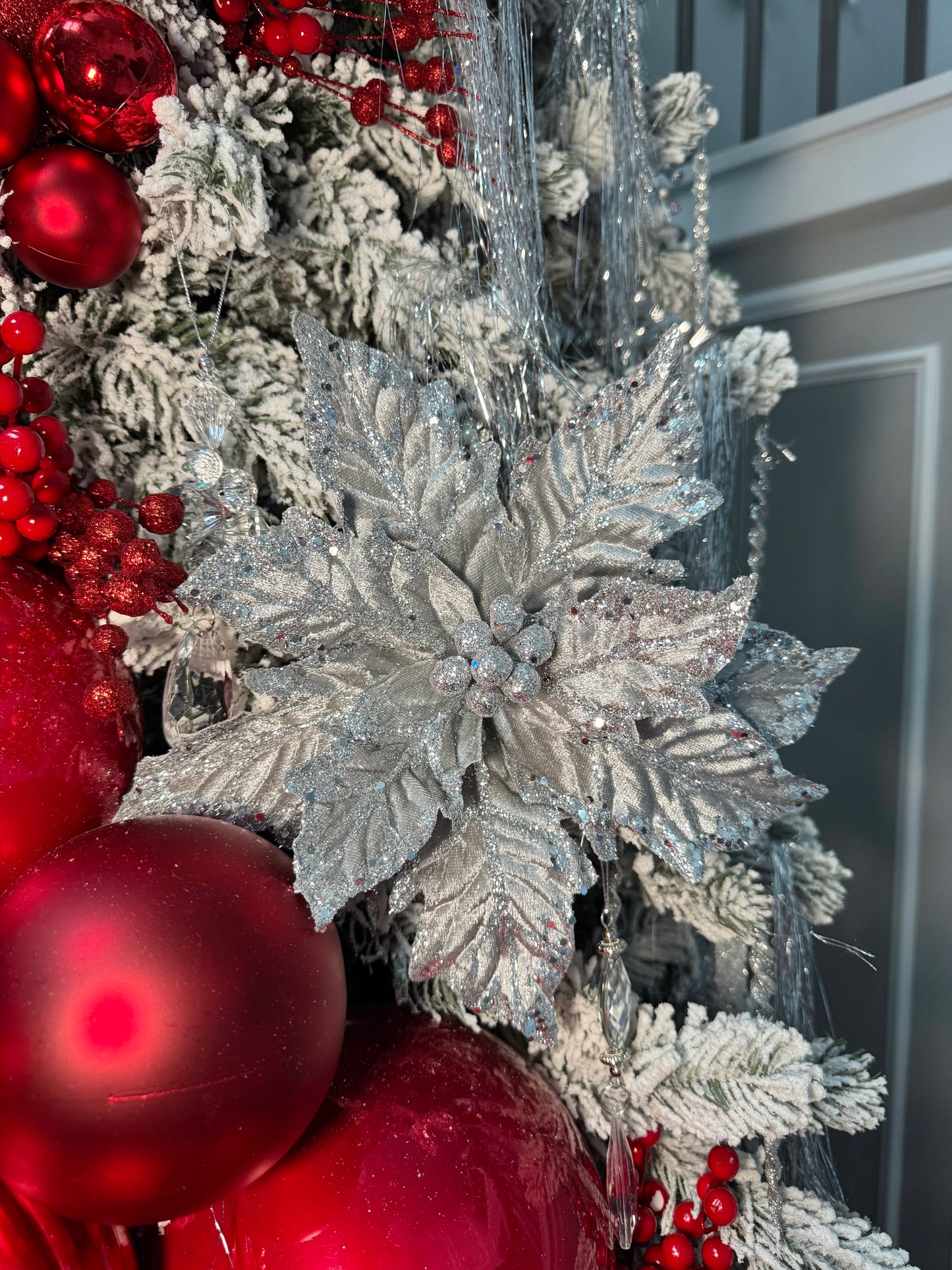 Silver Grey Glittered Velvet Poinsettia Flower Christmas Pick Set of 3