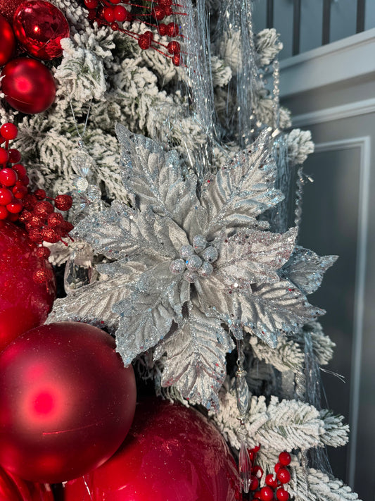 Silver Grey Glittered Velvet Poinsettia Flower Christmas Pick Set of 3