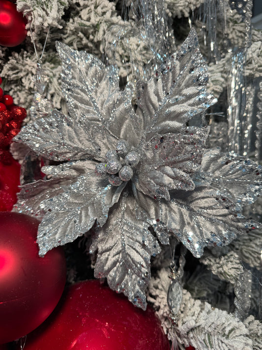 Silver Grey Glittered Velvet Poinsettia Flower Christmas Pick Set of 3