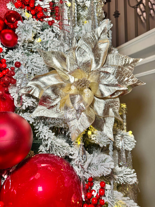 Metallic Champagne Pearl Poinsettia Christmas Flower Stem Spray 13'' Set of 2