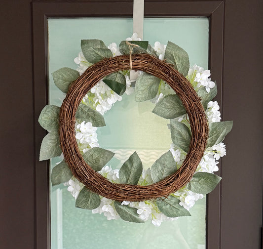 Capri White Faux Hydrangea Flower Wreath  21" - Handcrafted, Uv Resistant, All-Season, Indoor/Outdoor Decor, Perfect For Home, Wedding, Event