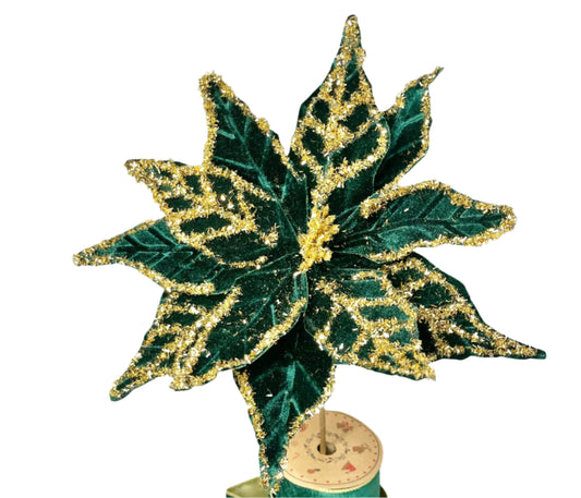 Green and Gold Glittered Poinsettia Christmas Flower Stem Spray 13'' Set of 3