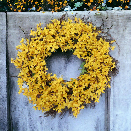 LOLITA ARTIFICIAL YELLOW FORSYTHIA WREATH 22" Indoor Outdoor use Spring Summer and Fall