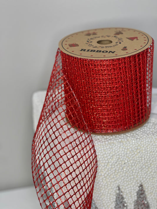 Metallic Mesh Wired Red Ribbon