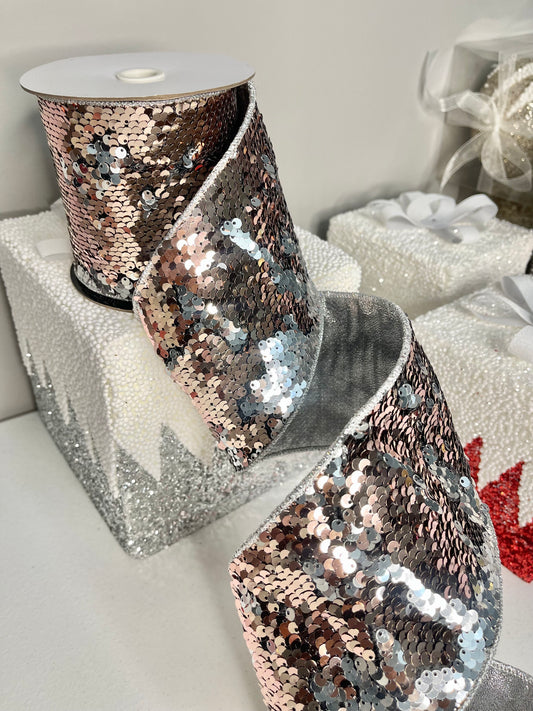 Sequins Silver and Rose Gold Wired Christmas Ribbon, 4W x 5 Yards