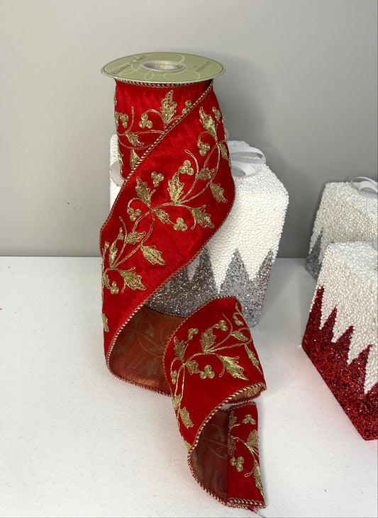 Christmas Red Satin Embroidery Brocade Ribbon