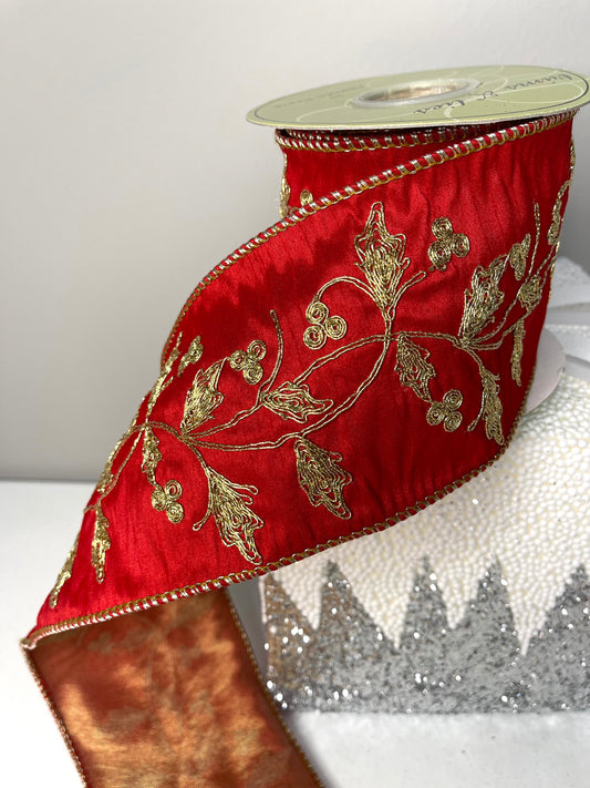 Christmas Red Satin Embroidery Brocade Ribbon