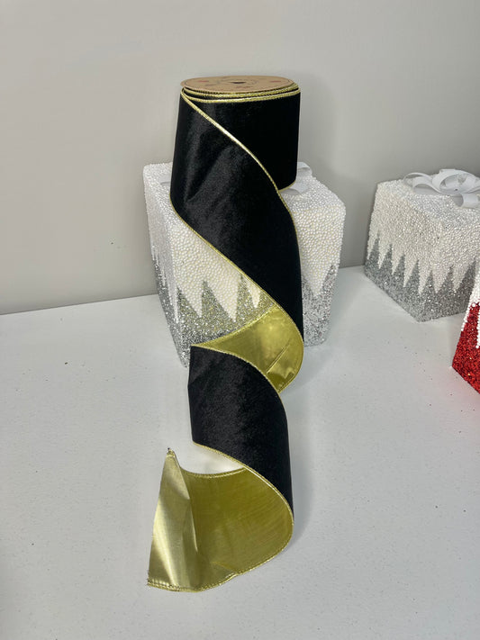 Black and Gold Wired Craft Ribbon double sided 4" x 10 Yards