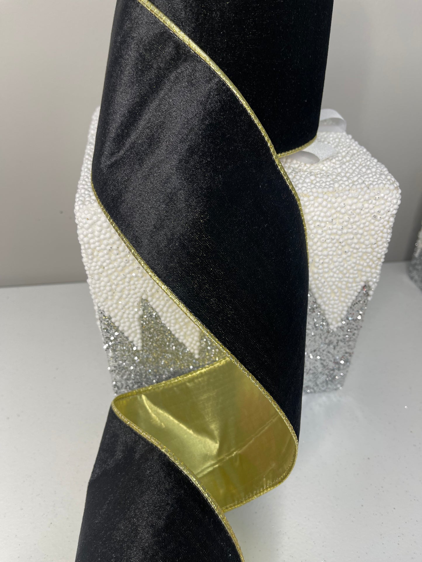 Black and Gold Wired Craft Ribbon double sided 4" x 10 Yards