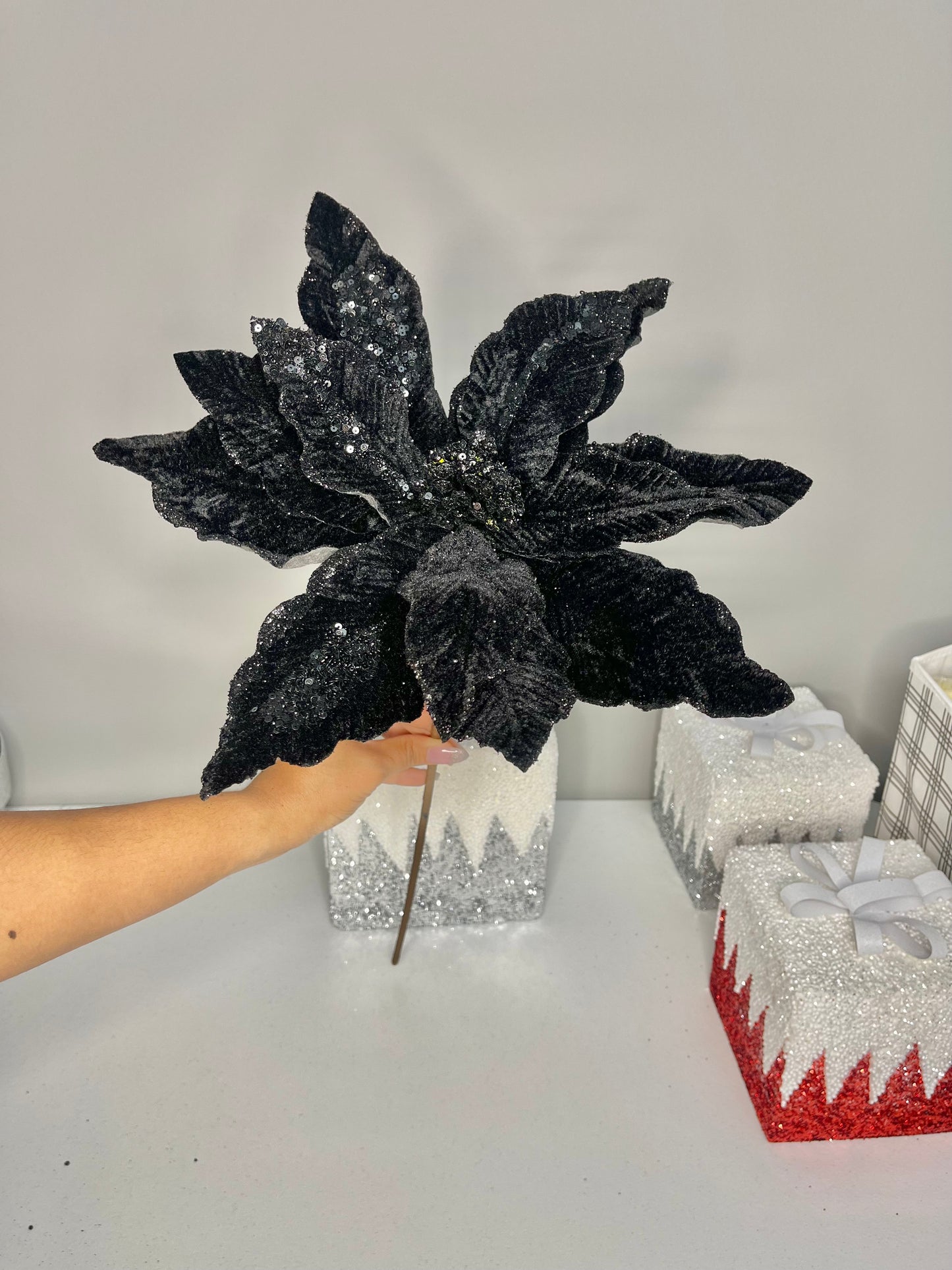 Elegant Black Velvet Glitter Poinsettia Flower 14''