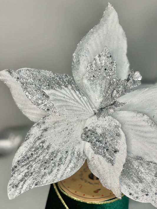 White and Silver Poinsettia Christmas Artificial Stems