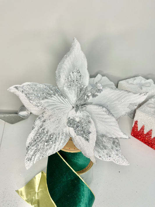 White and Silver Poinsettia Christmas Artificial Stems