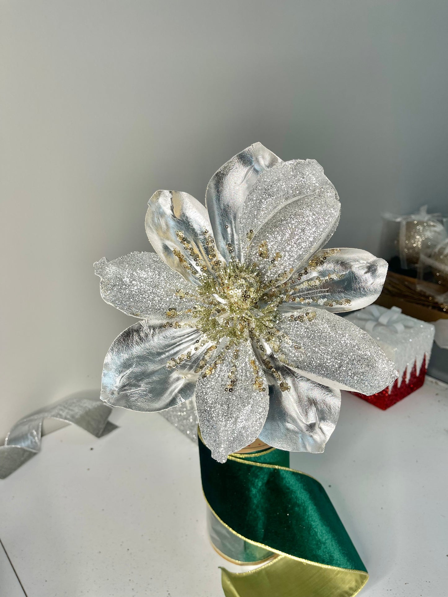 Magnolia Christmas Stem Silver and Gold  with Glittered Sequins