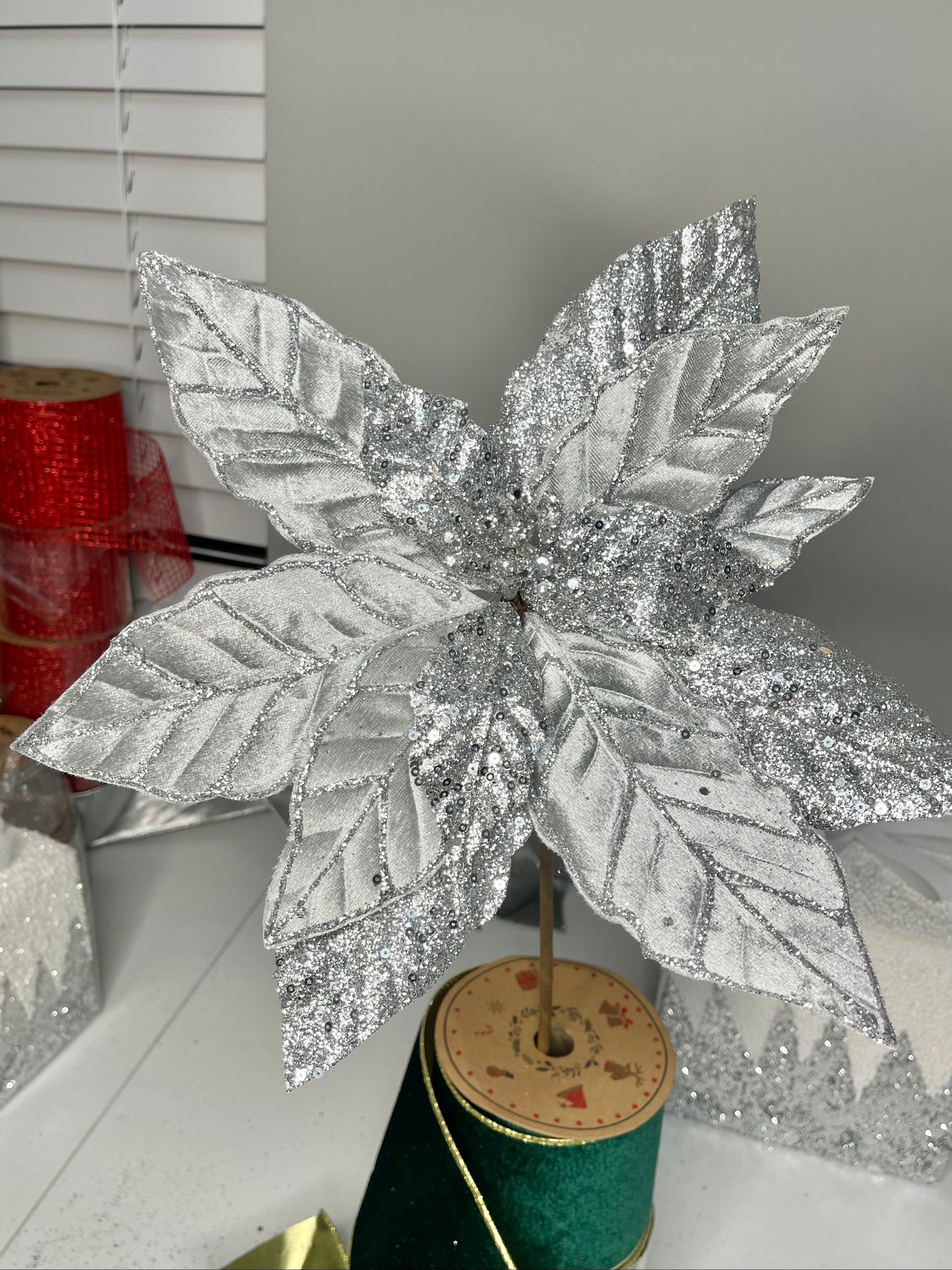 Silver Grey Glittered Poinsettia Christmas Stem Spray