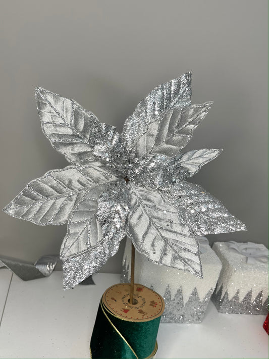 Silver Grey Glittered Poinsettia Christmas Stem Spray